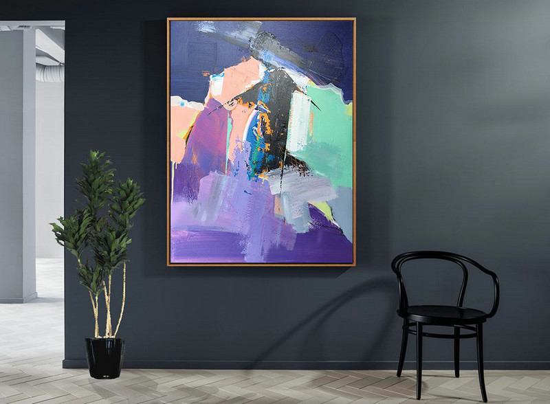 Modern Art Abstract Painting,Vertical Palette Knife Contemporary Art,Large Paintings For Living Room,Purple,Pink,Black,Lake Blue,Dark Blue.etc